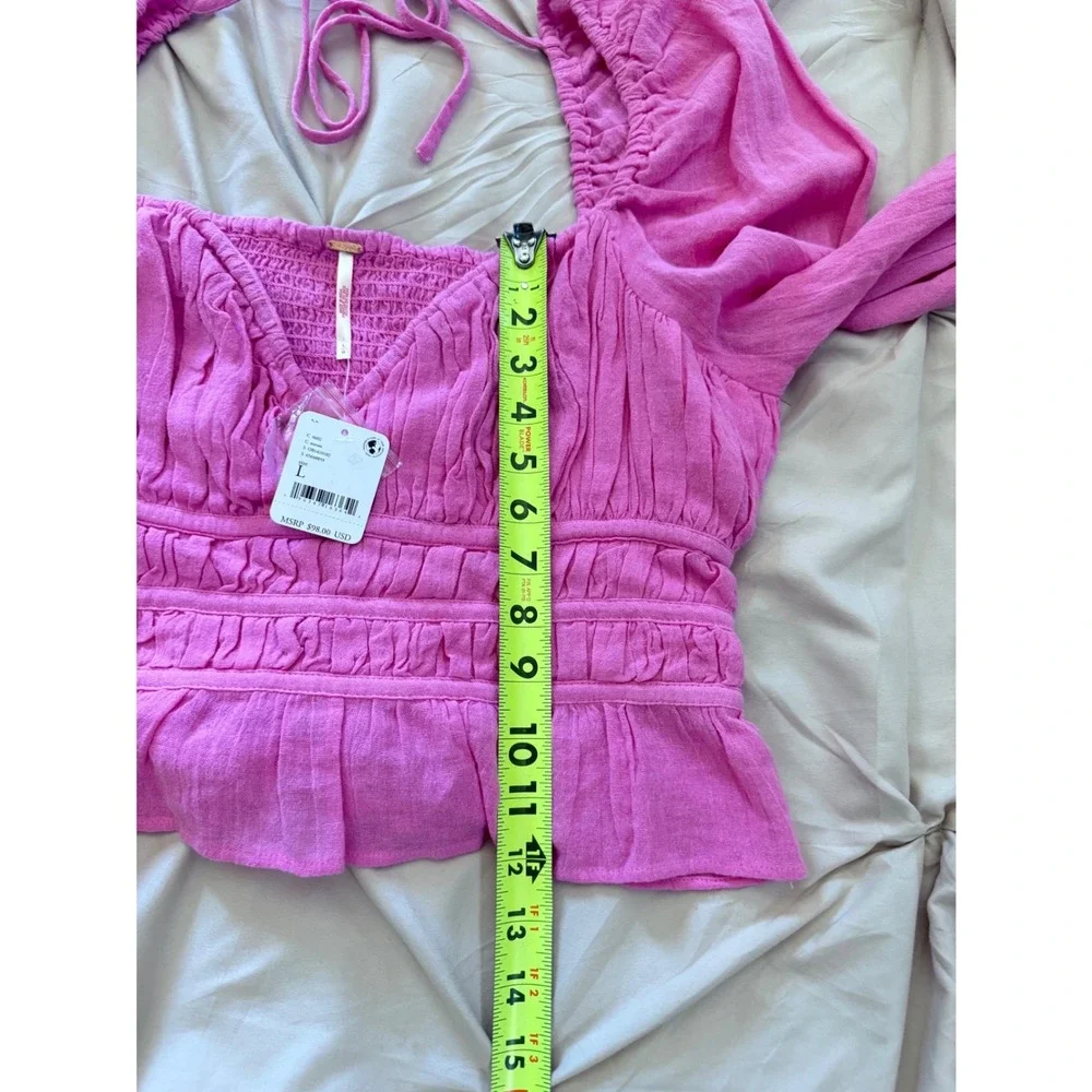 NWT Free People Chloe Blouse Aurora Pink Smocked Peplum Top Womens L